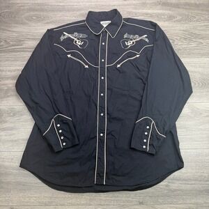 Express Rider Western Shirt Men Large Black Guitar Embroidered Pearl Snap Cowboy